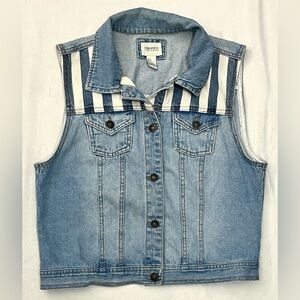 Forever 21 Blue Premium Denim Button Up Vest with Blue and White Stripes Size L